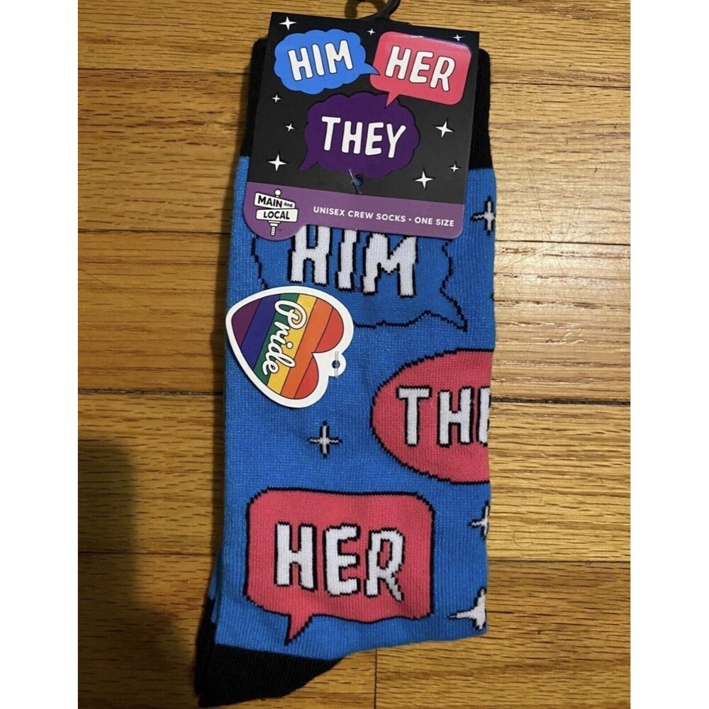 Main And Local She, He, Him, Her, They, Them Pronouns Gay Pride Unisex Socks NWT